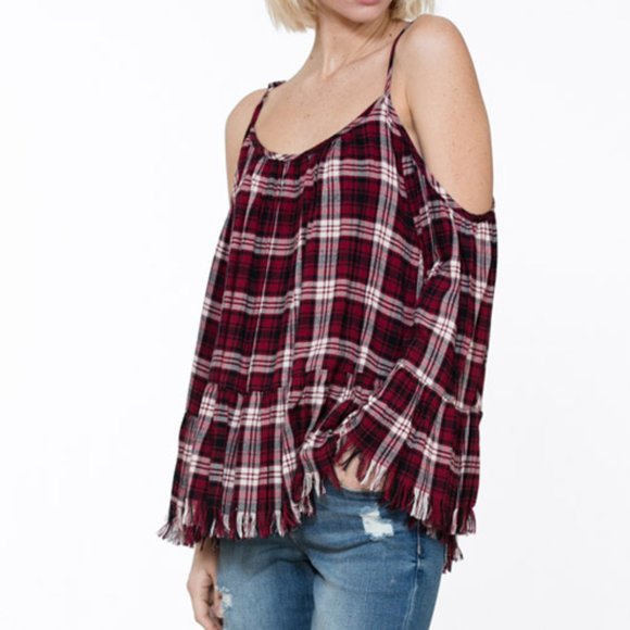PLAID OFF SHOULDER RUFFLE DETAIL TOP - Picture 5 of 6